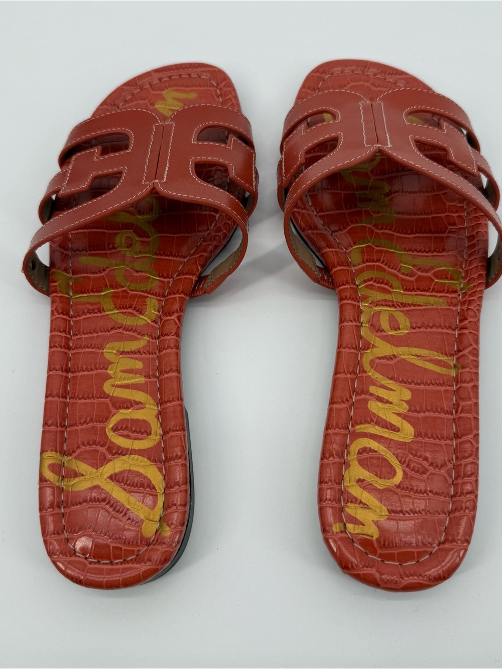 Sam Edelman Bay Slide Sandals Orange Leather Croc Size 8 Designer - Picture 8 of 11